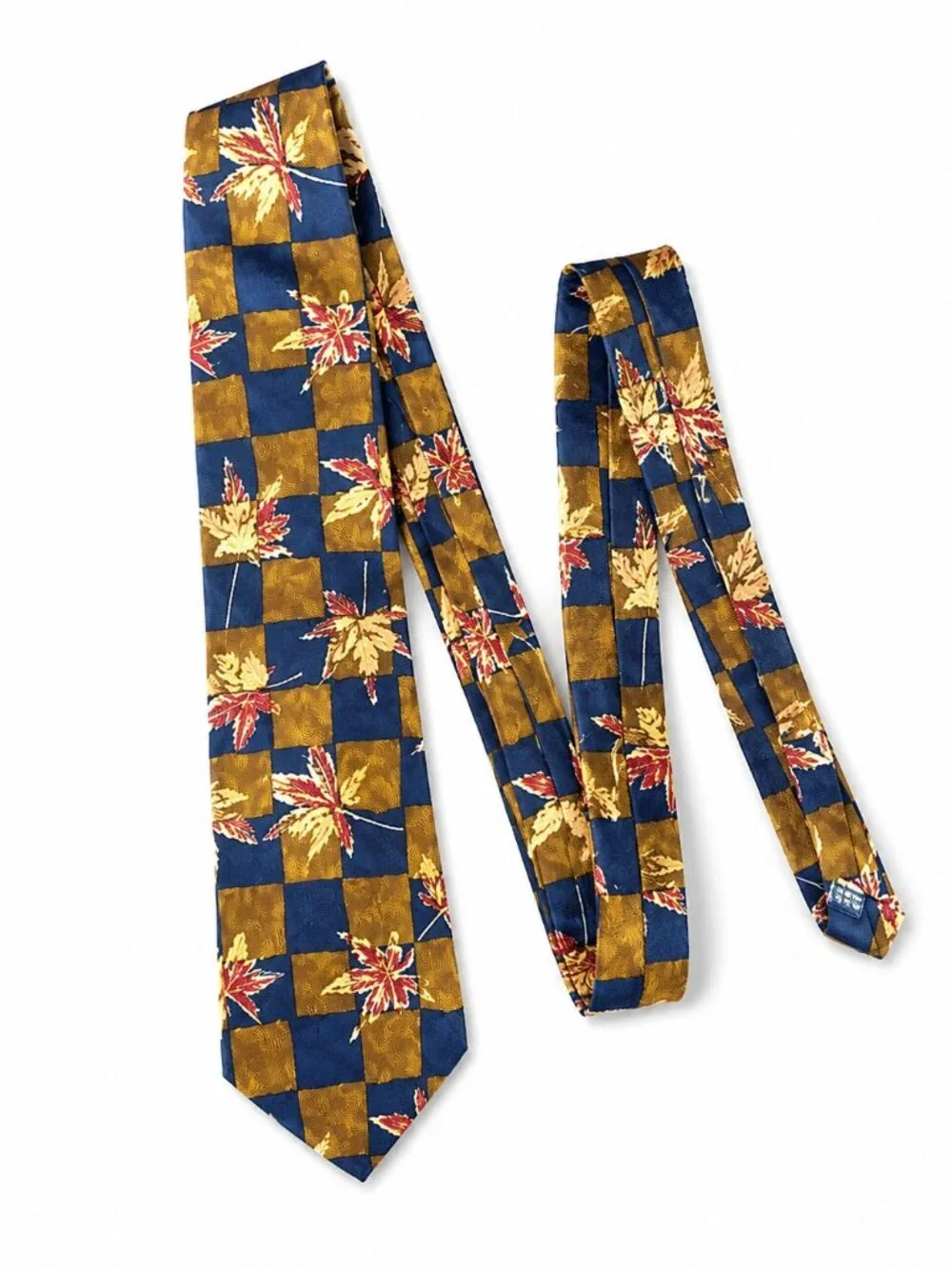 Roundtree & Yorke Blue Bronze Silk Necktie Checkerboard Leaf USA Vintage Fall